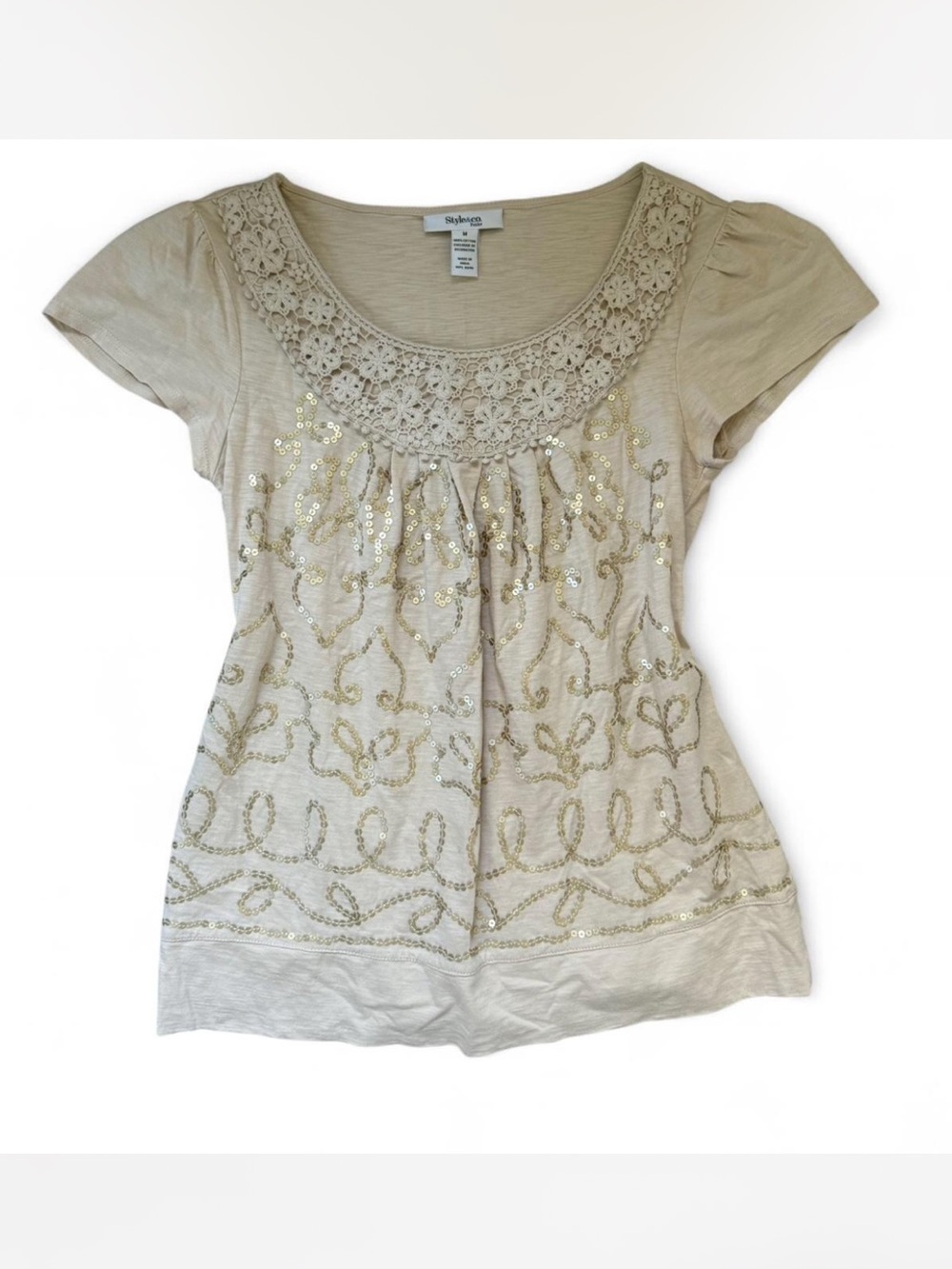 Vintage, 100% cotton, Cream Crochet Scoop Neck Sequin Tee